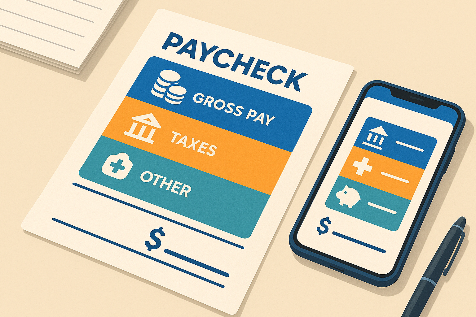 Paycheck breakdown of gross pay, taxes, and deductions