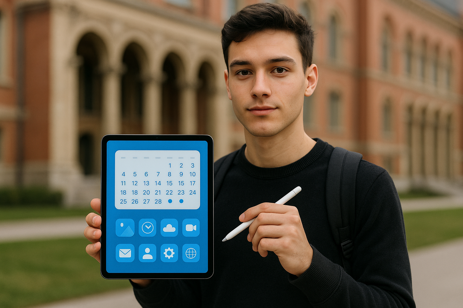 Tablet calendar interface used with a stylus on campus.