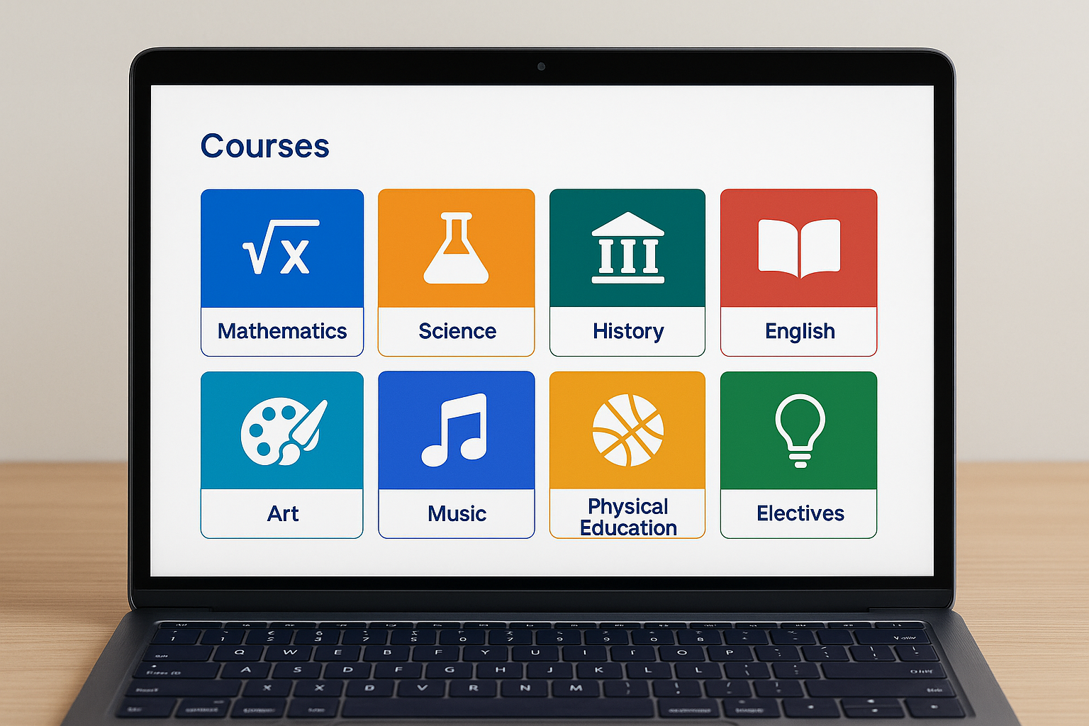 Course catalog tiles displayed on a laptop screen