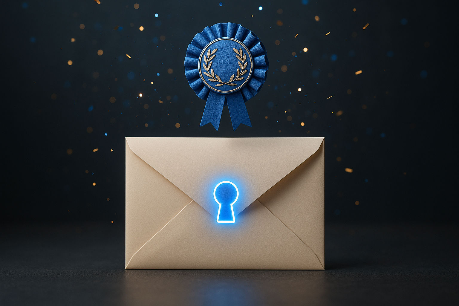 Sealed envelope with laurel badge and glowing keyhole.