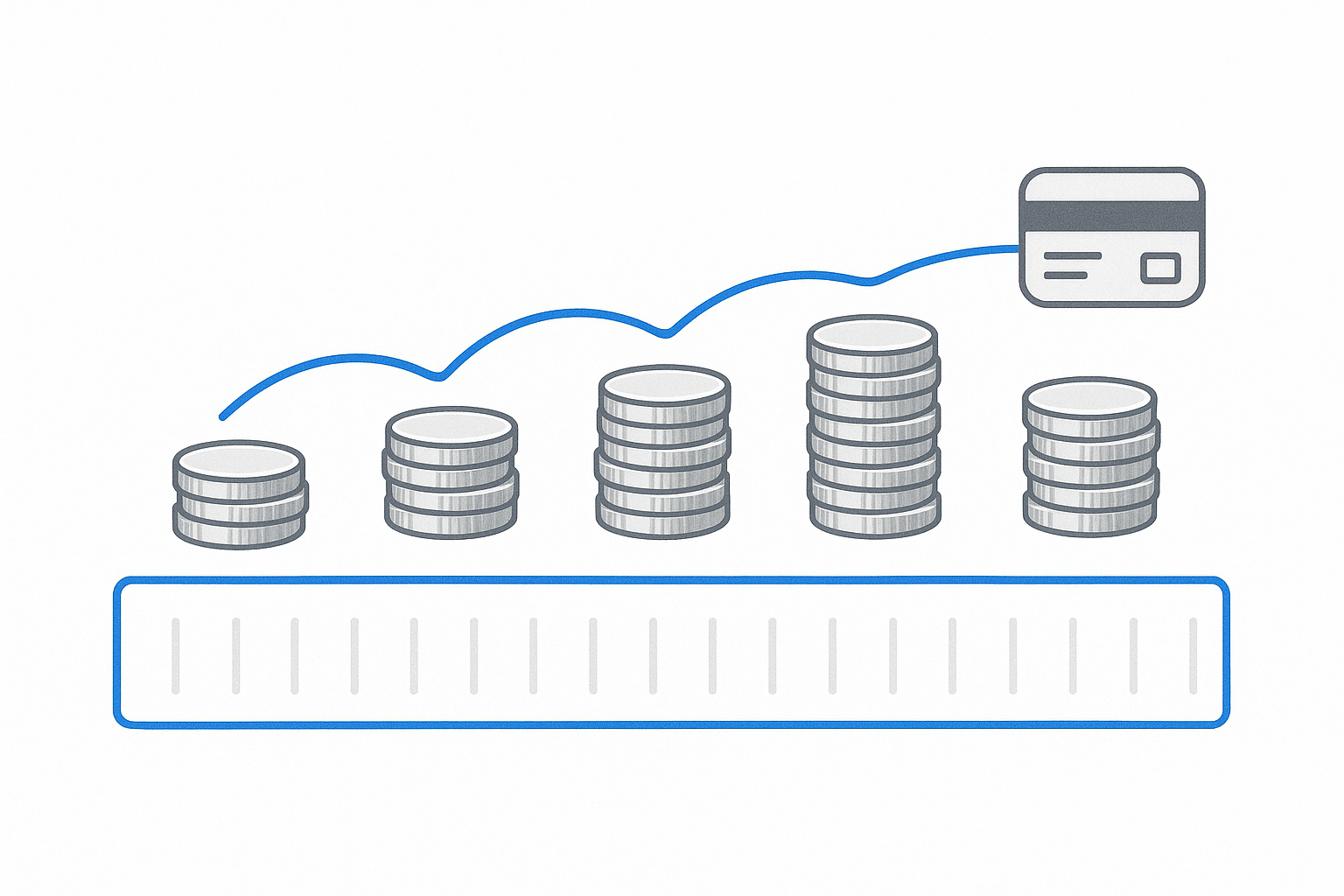 Payment timeline with calendar strip and coin stacks.