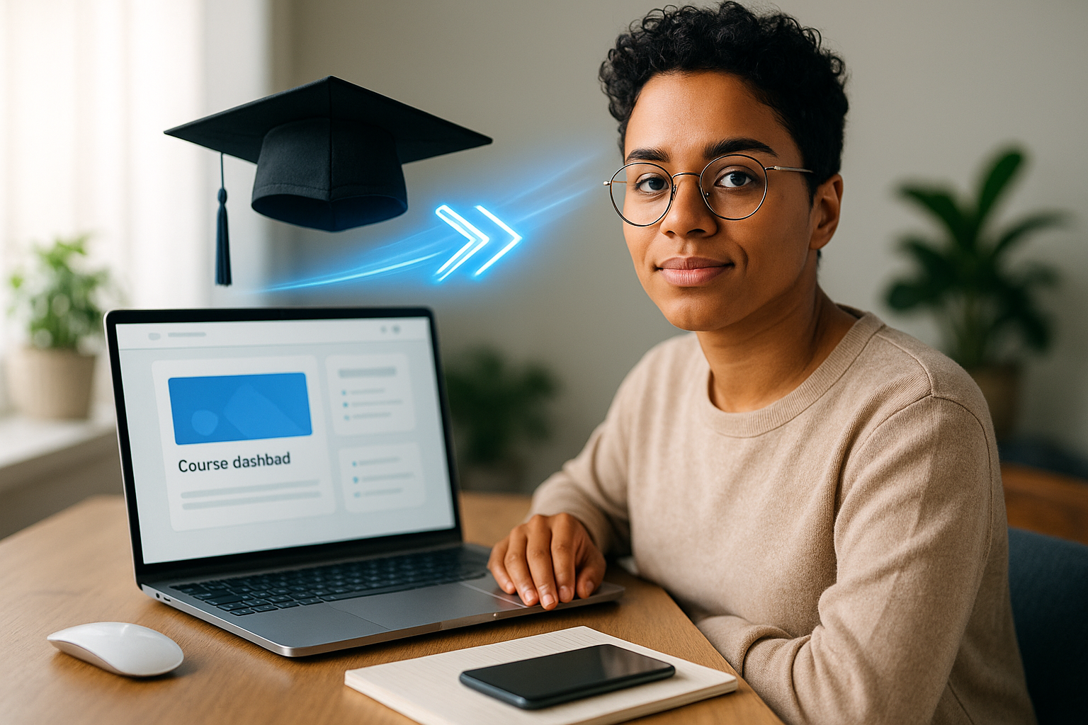 Learner at home using a course dashboard with cap and arrow.