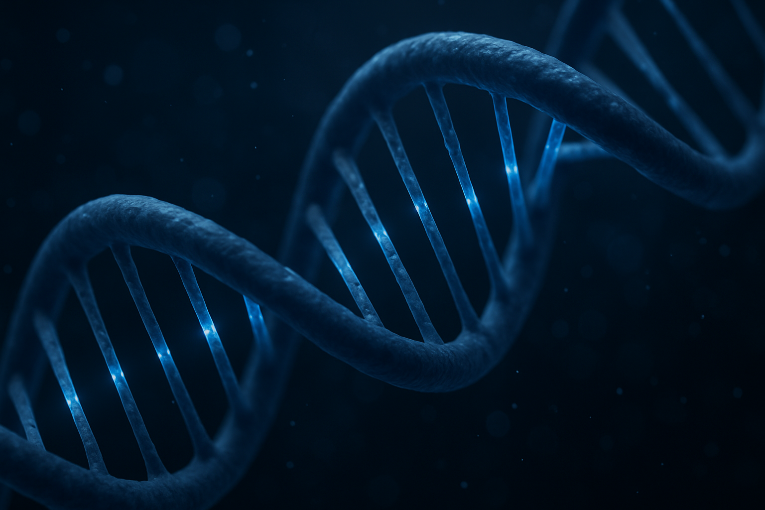 Macro DNA double helix with translucent backbone and glowing hydrogen bonds