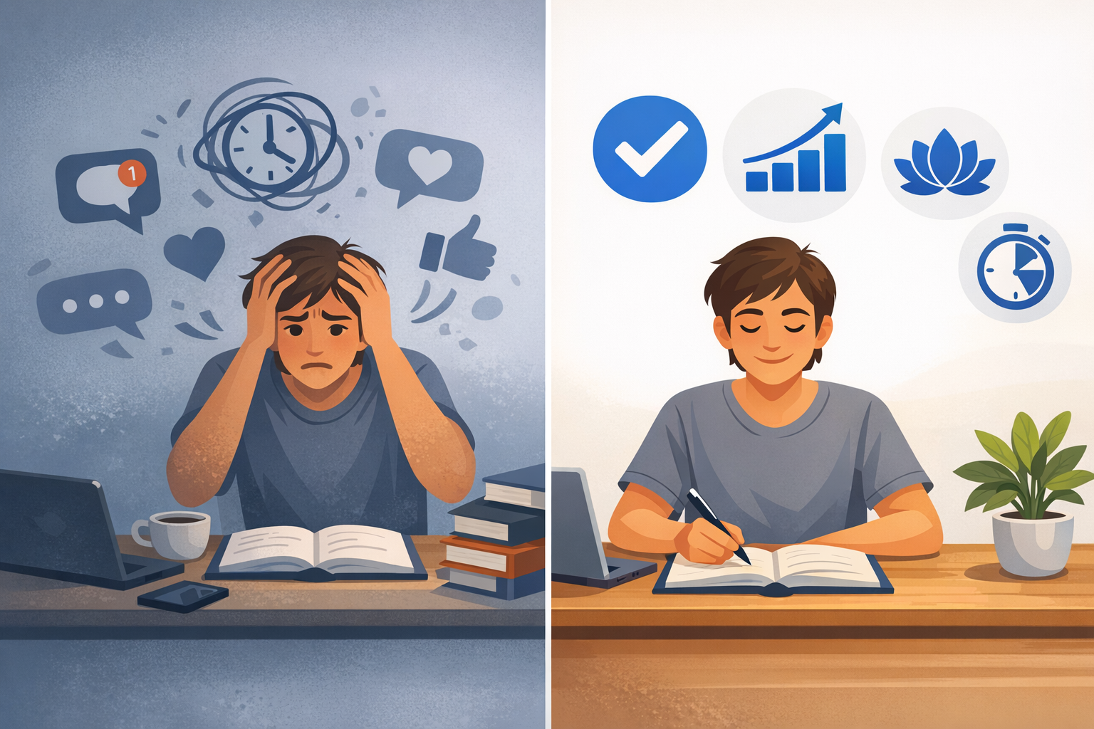 Split-screen comparison of distracted and focused adult learner