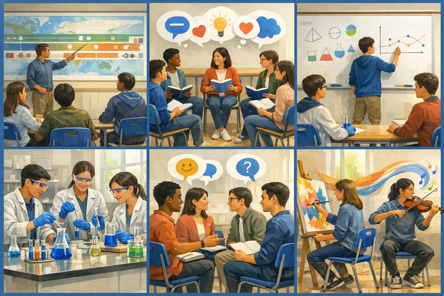 Six-panel classroom illustration of A–F subjects in a California high school