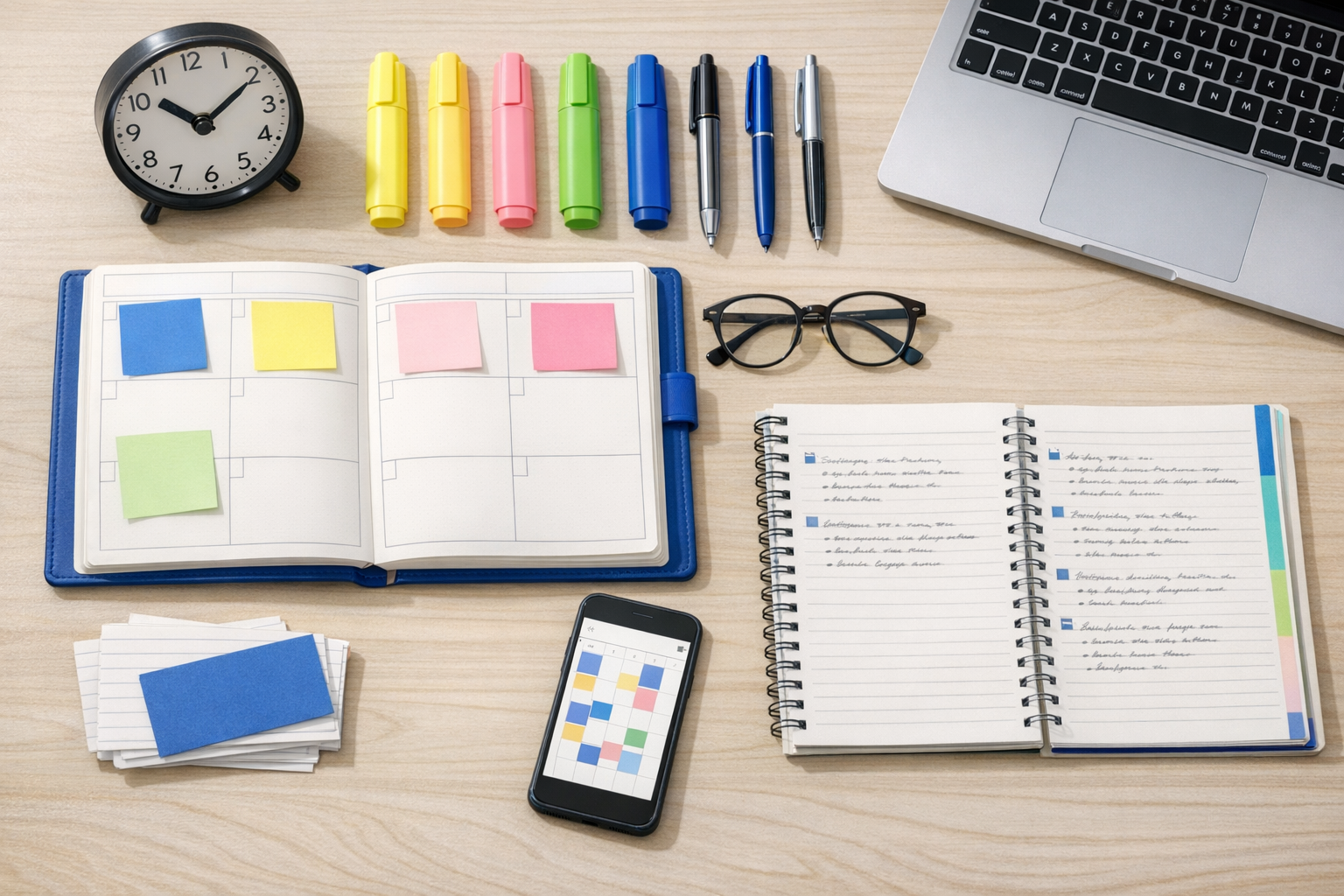 Time management study essentials flat lay with planner and clock