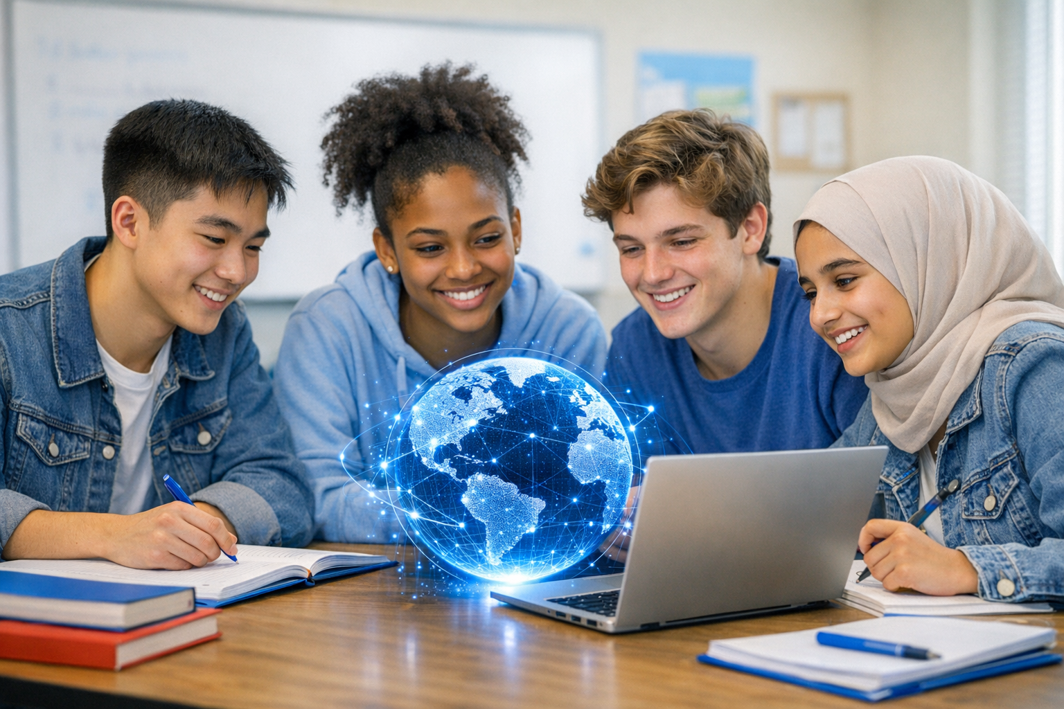 Diverse high school students studying with glowing digital globe and laptop