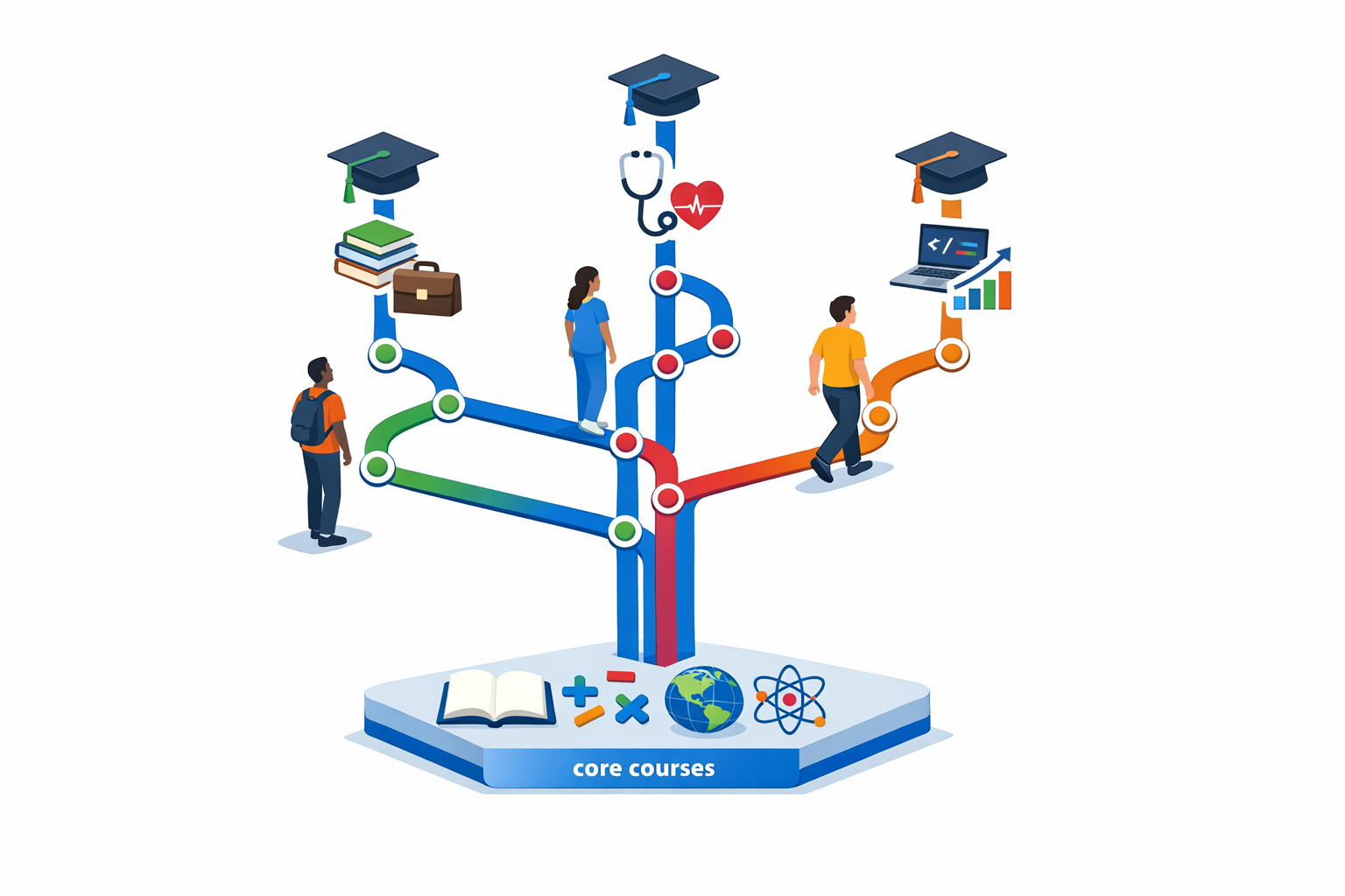 Curriculum roadmap for adult diploma with healthcare, tech, and business tracks