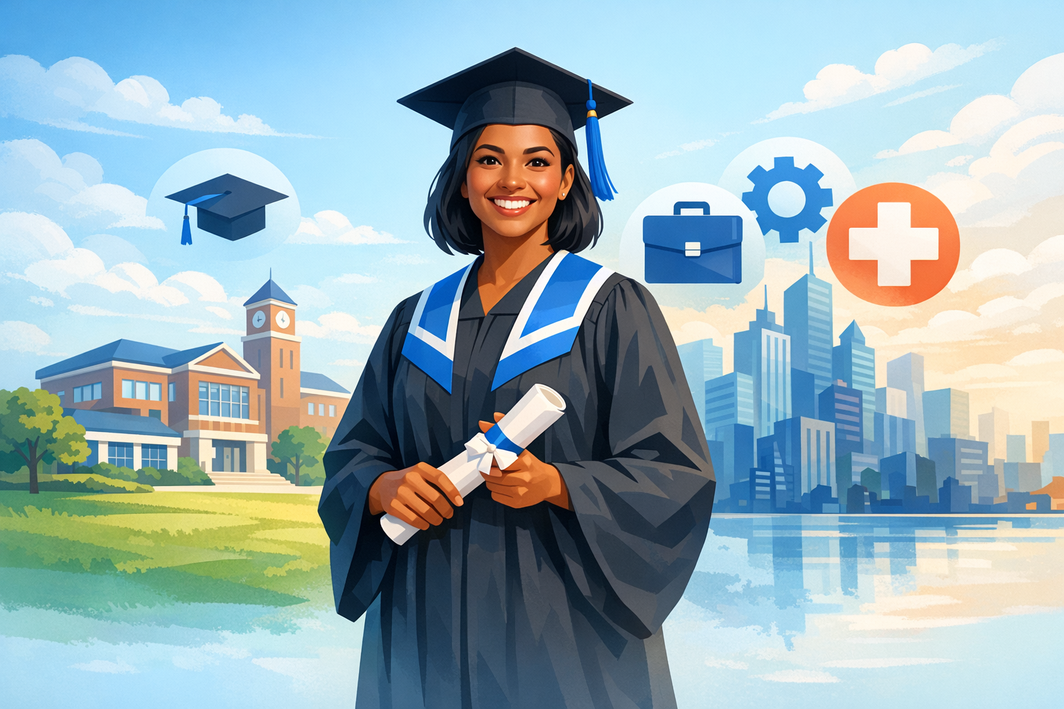 Confident adult graduate in campus-to-career concept illustration