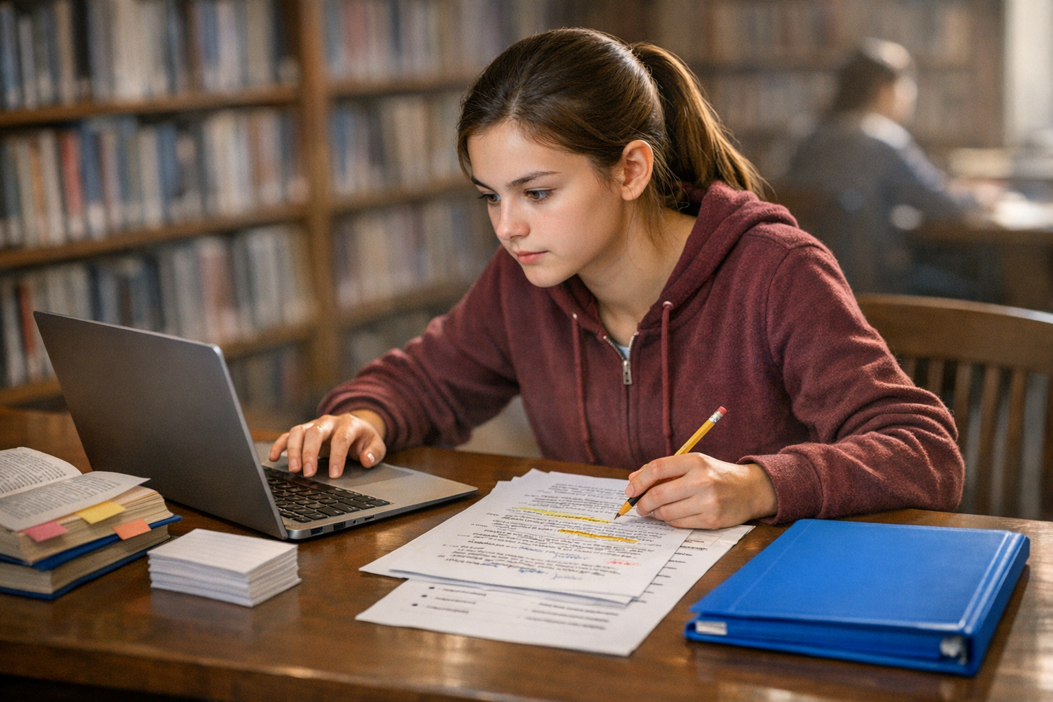 Honors English student revising research essay in school library