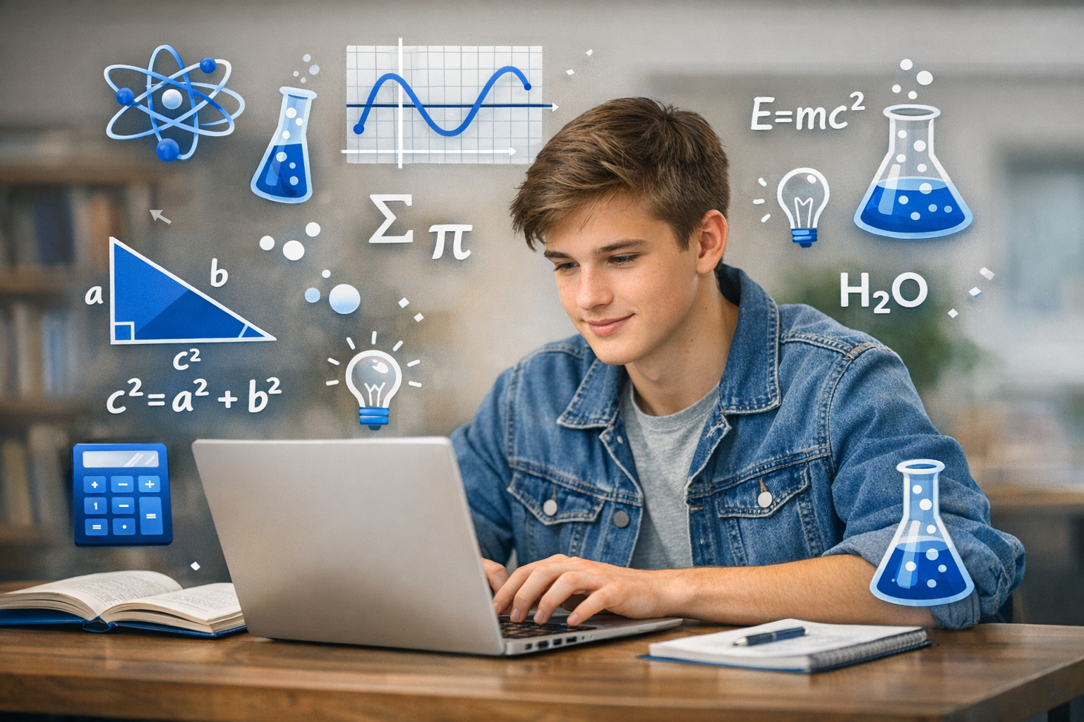 Student learning STEM online with floating science icons