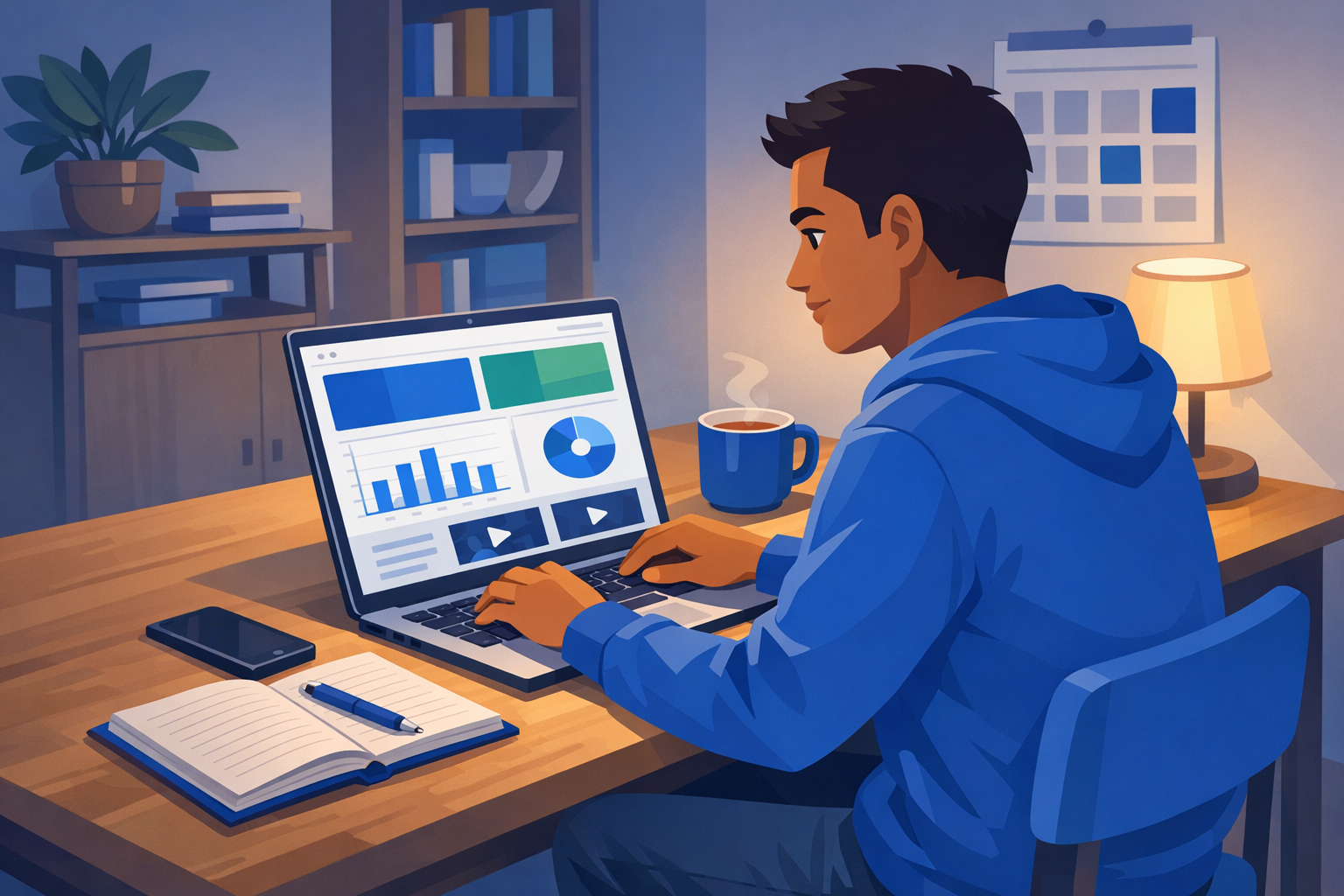 Adult learner using online learning dashboard at a kitchen table