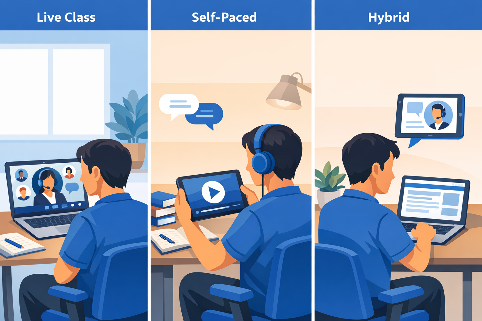 Triptych illustration of GED study formats: live, self-paced, hybrid