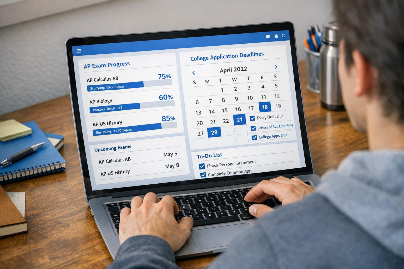Student dashboard tracking AP exams and college application deadlines