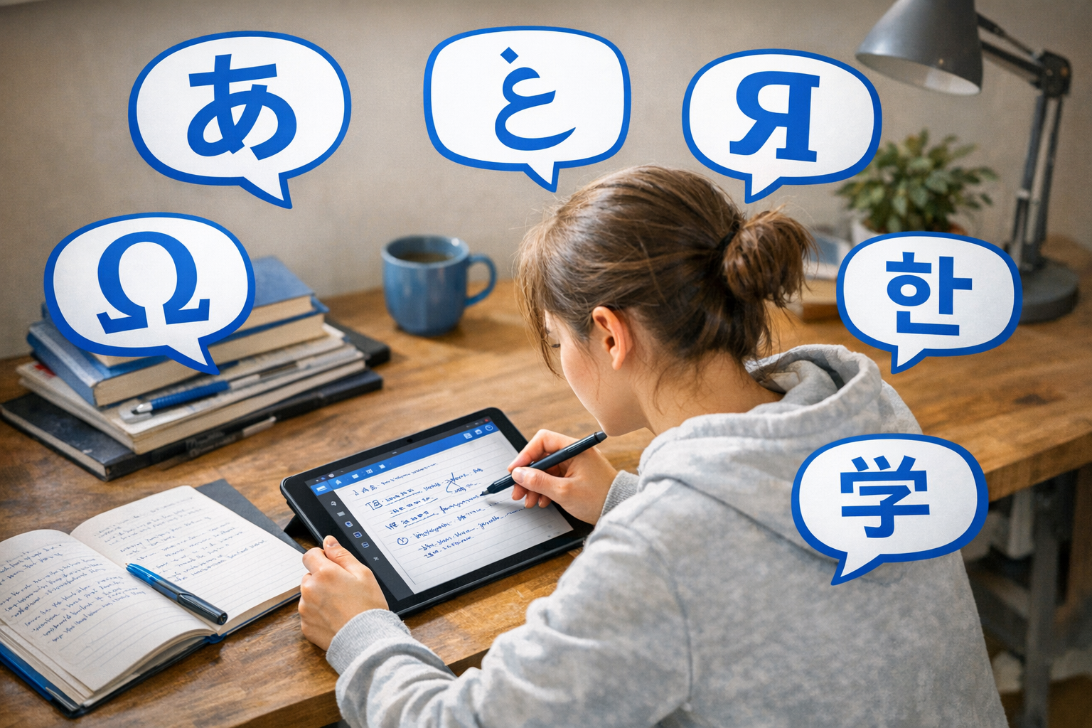 Language learning student with tablet and multilingual speech bubbles