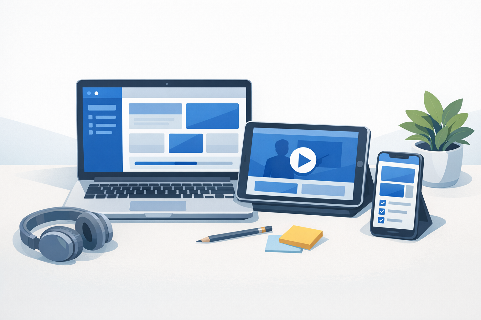 GED prep dashboard with lessons and flashcards across devices