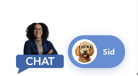 Chat widget showing a teacher photo with CHAT badge and Sid the AI assistant
